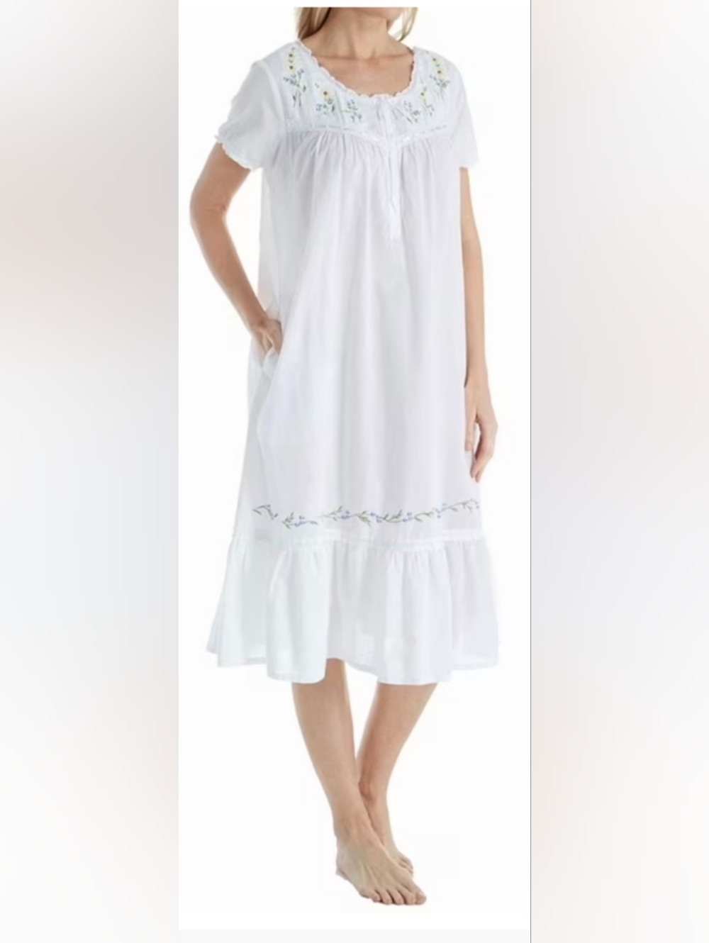 Comfy Blooming Vine Embroidered Nightgown Cotton Woven Short Sleeve